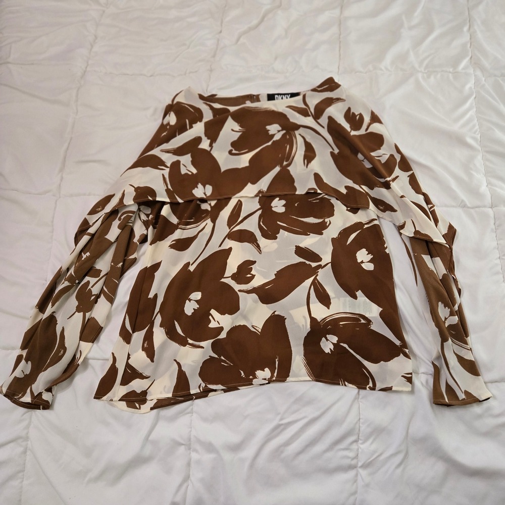 DKNY Brown Floral Cape Overlay Blouse Long Sleeve UG2TYJ48 Womens Medium